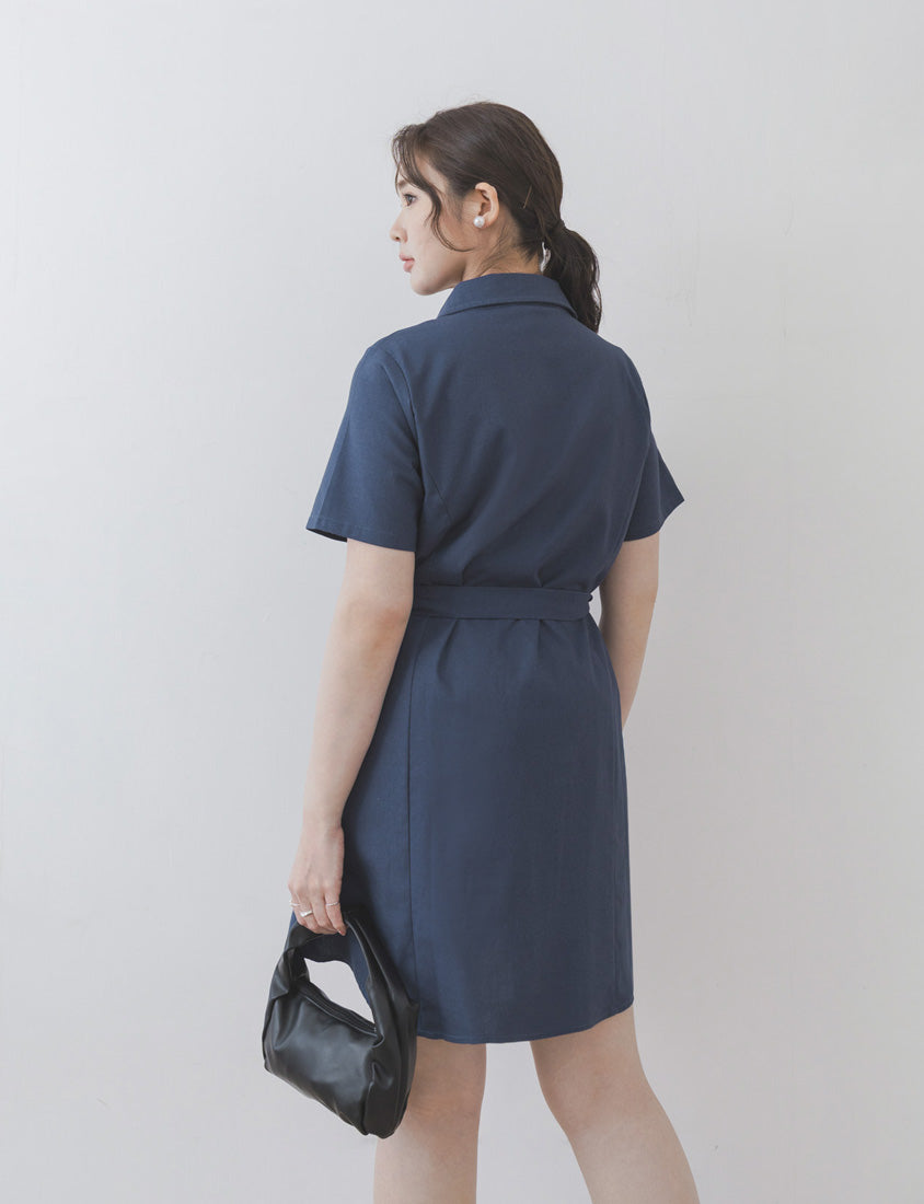 MISS. Korean-Style Button-Front Contrast Stitch Plus Size Dress (with Waist Tie)