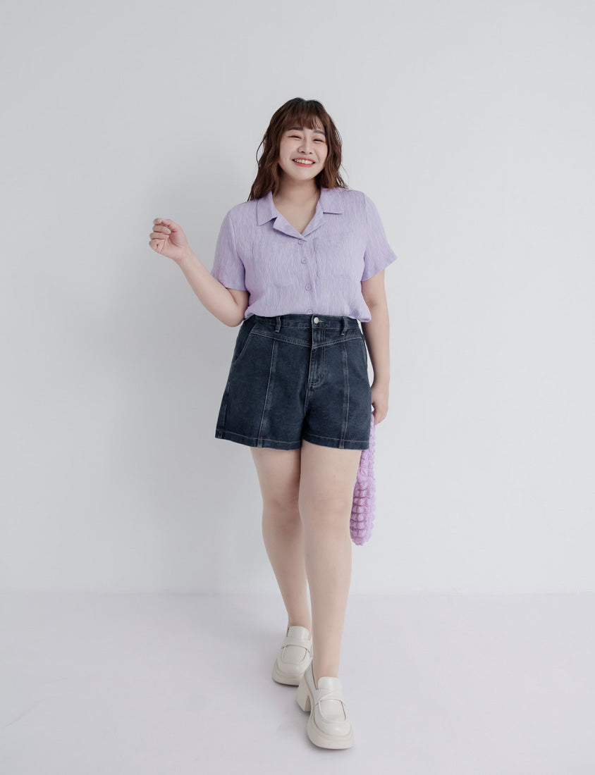 Cuban Collar Crinkled Texture Large Pocket Plus Size Shirt