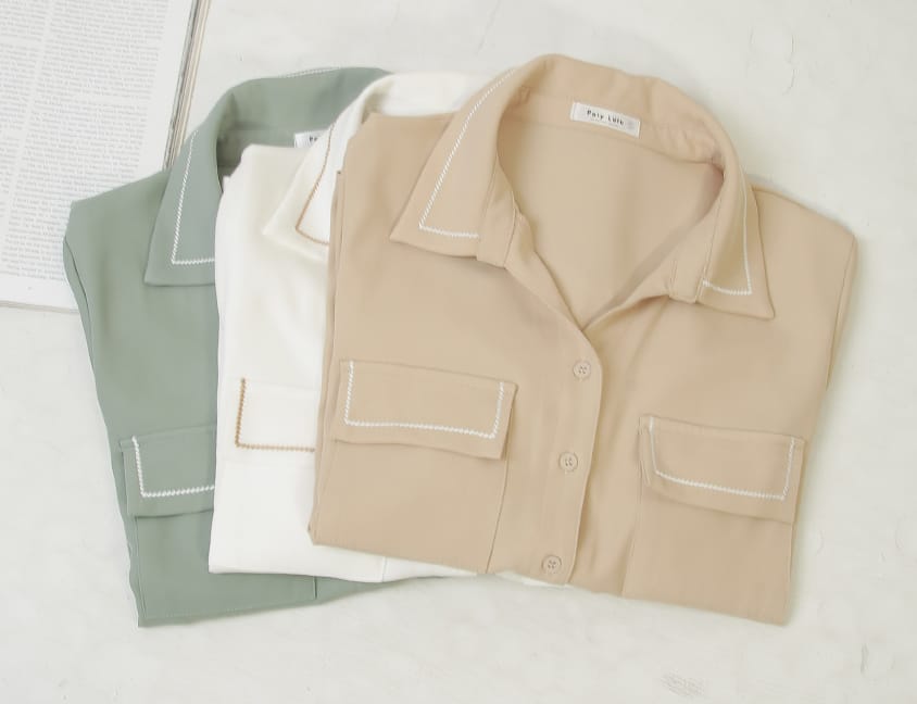 Color-Block Embroidered Pocket Plus-Size Short Sleeve Shirt