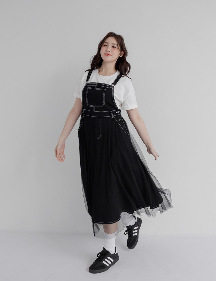 Sweet Adjustable Twill Strap Tulle Panel Plus Size Dress