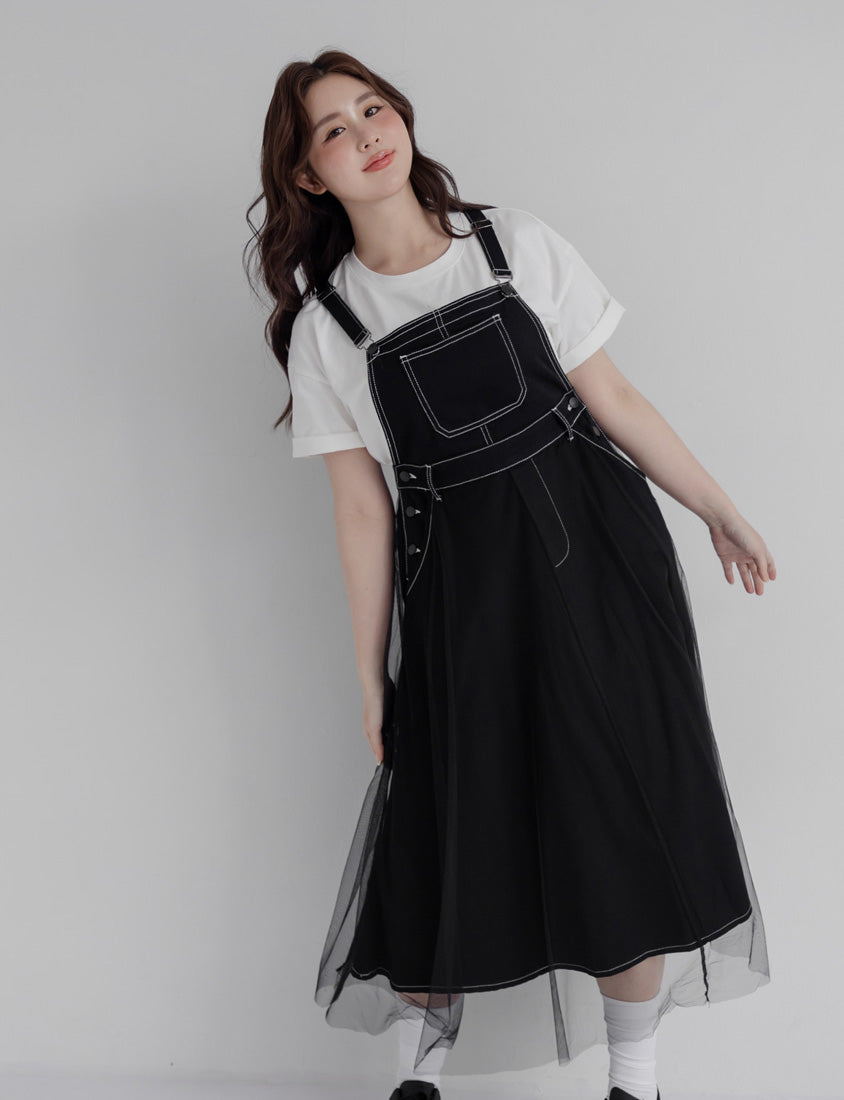 Sweet Adjustable Twill Strap Tulle Panel Plus Size Dress