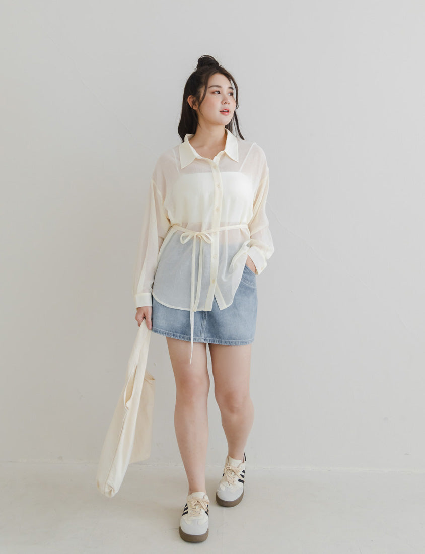 Flowy Crinkled Sheer Plus Size Blouse (With Tie)