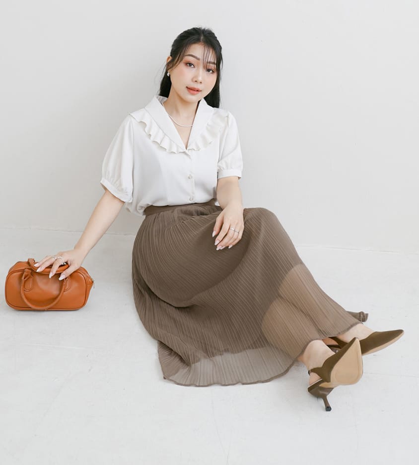 MISS. Ethereal Sheer Pleated Elastic Plus Size Maxi Skirt