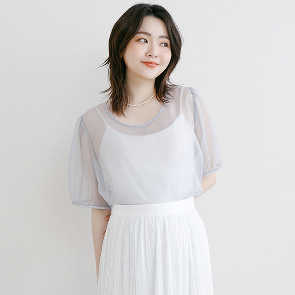 MISS. Sheer Textured Round Neck Puff-Sleeve Plus Size Blouse