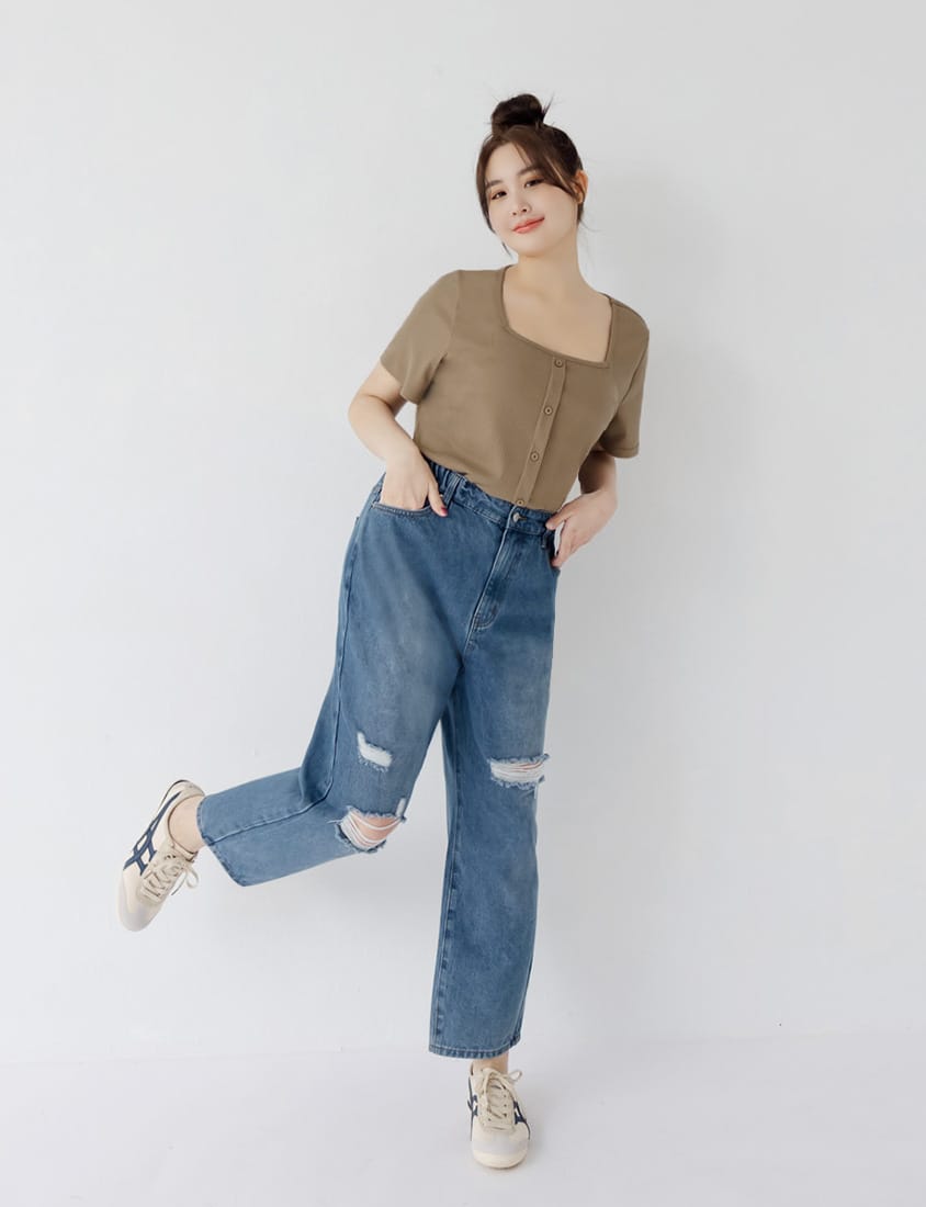 Distressed Side Elastic Waist Plus Size Boyfriend Jeans