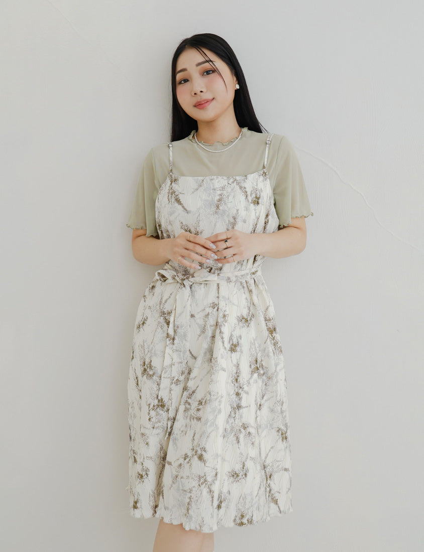MISS. Wavy Textured Adjustable Strap Plus Size Dress (with Belt)