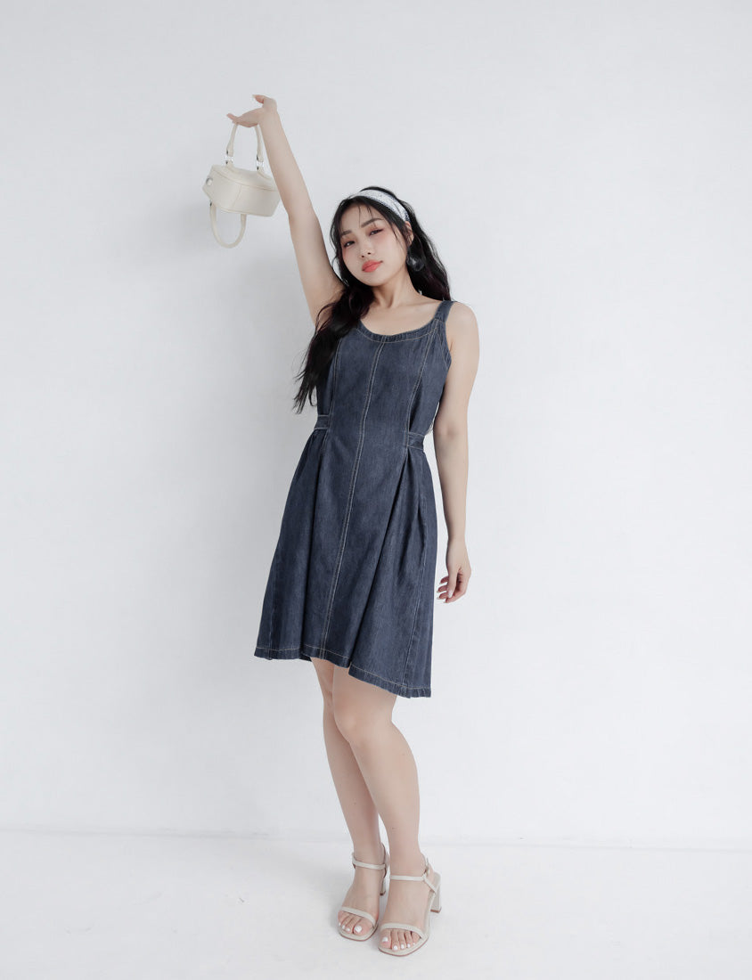Adjustable Back Elastic Waist Plus Size Denim Mini Dress