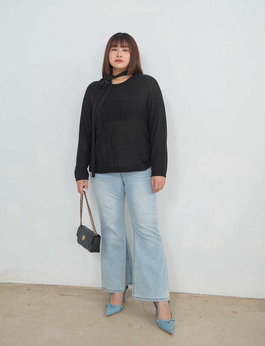MISS. Korean Sheer Knit Plus Size Long Sleeve Top (with Waist Tie)