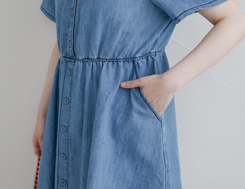 V-Neck Lightweight Denim Elastic Waist Button Plus Size Mini Dress