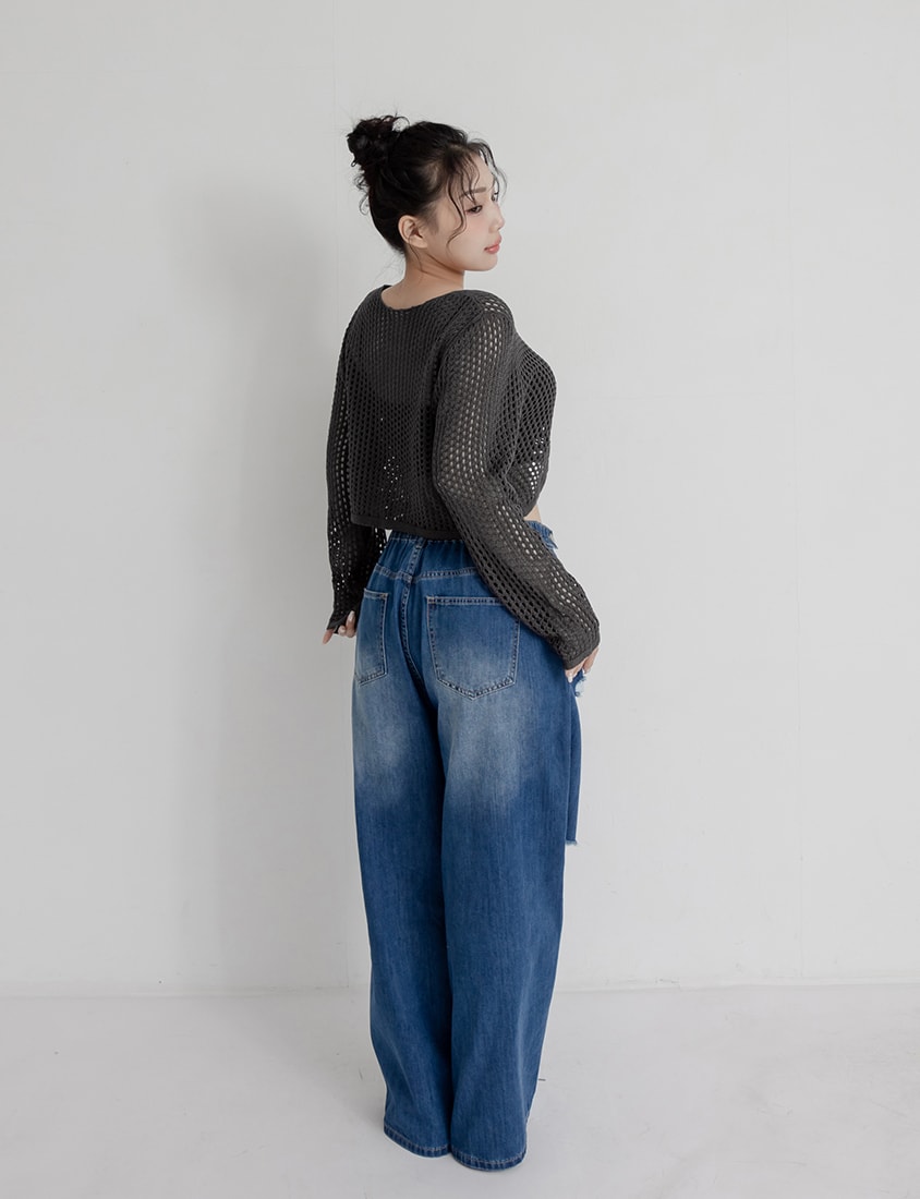 Knit Eyelet Hollow Faux Button Plus Size Top