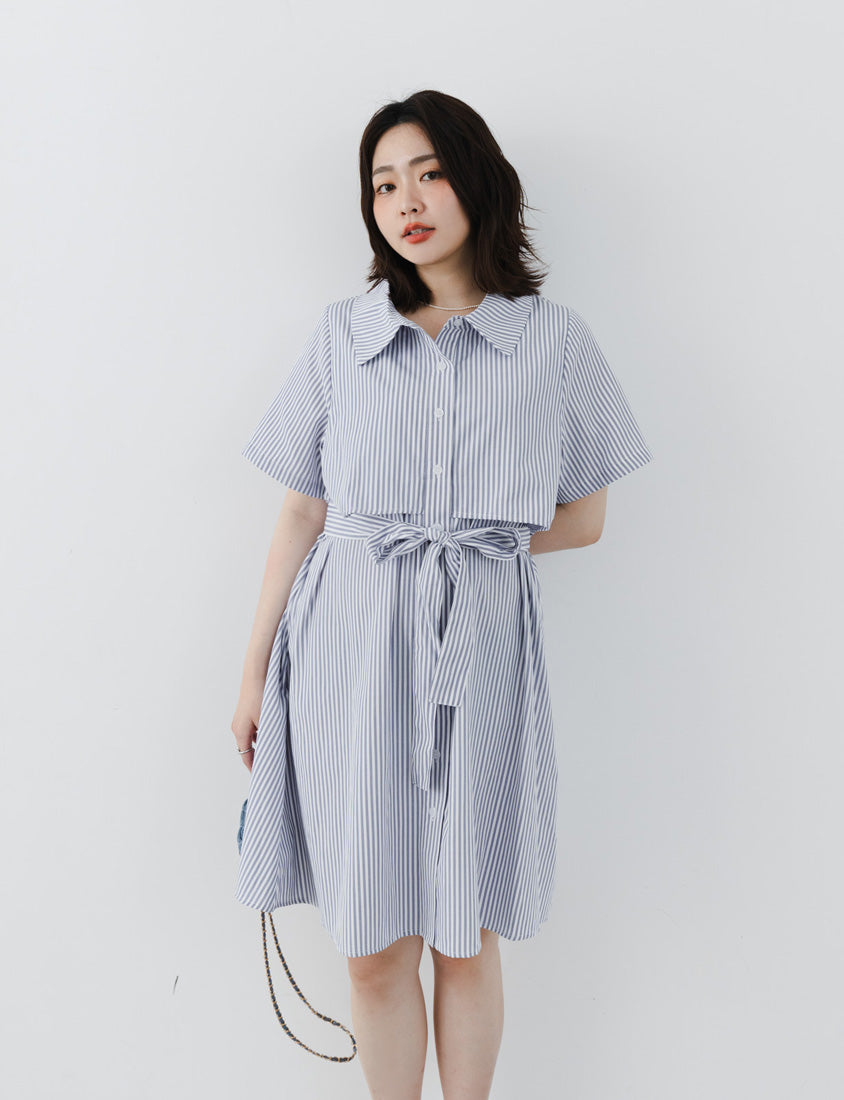 MISS. Japanese Style Striped Layered Plus Size Shirt Dress (with Belt)