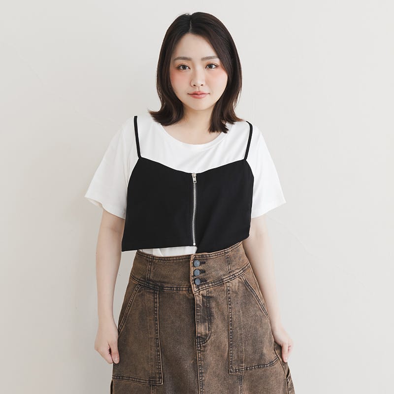 Asymmetric Front Zip Plus Size Layered Tee