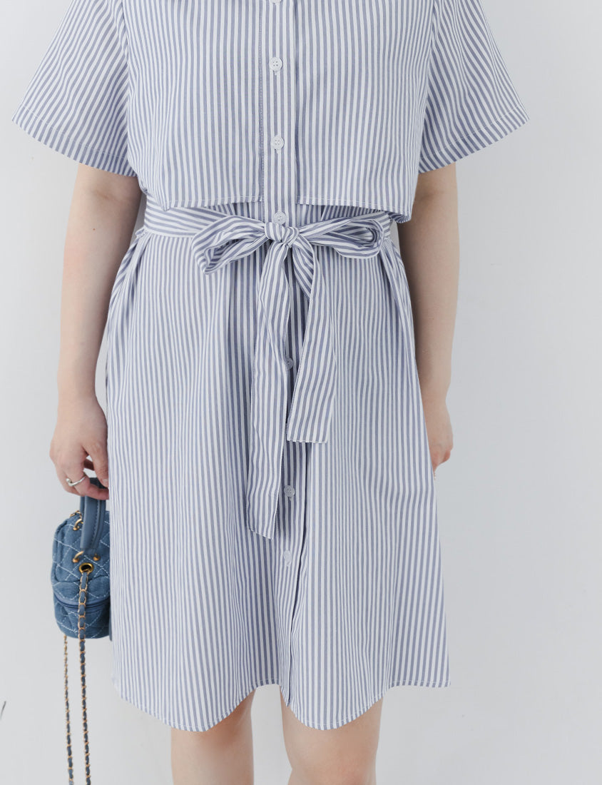 MISS. Japanese Style Striped Layered Plus Size Shirt Dress (with Belt)