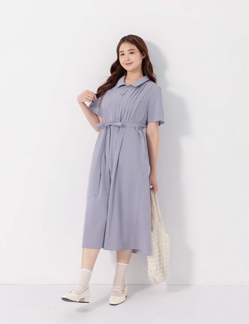 Pleated Textured Button-Down Elastic Back Plus Size Maxi Dress