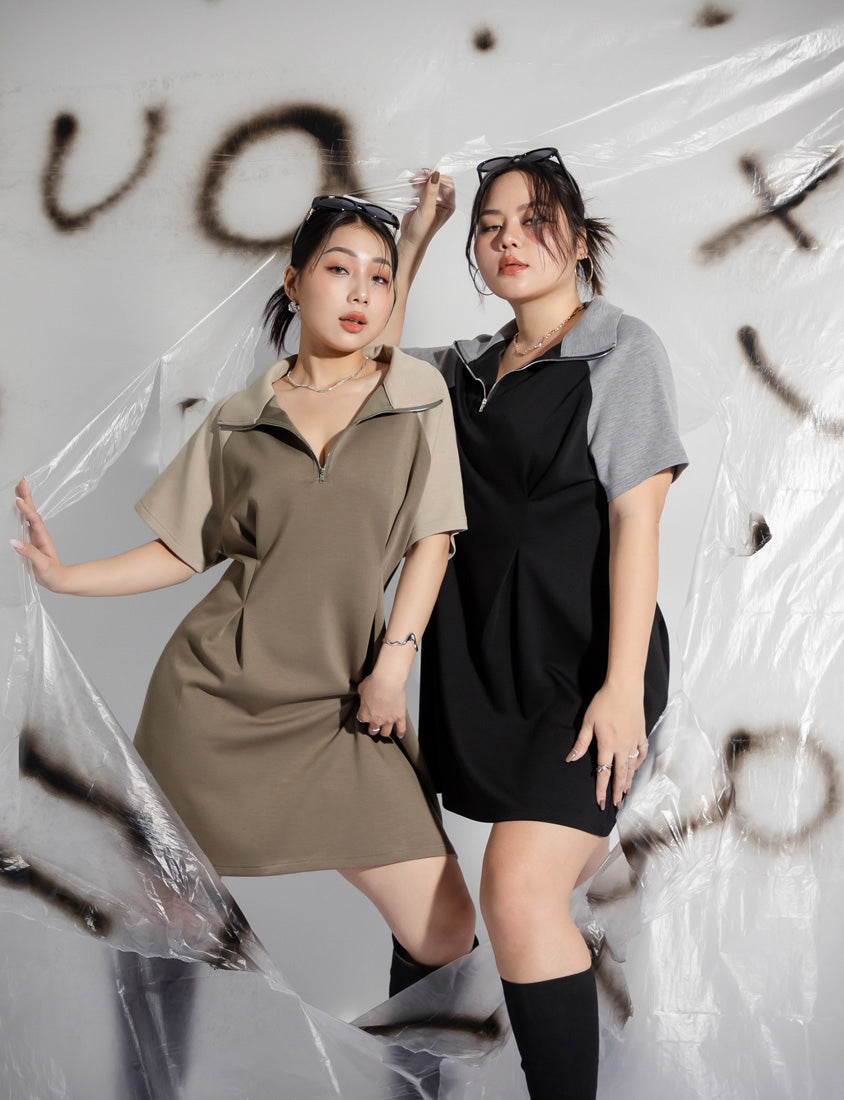 MUA! Space Cotton Color-Block Stand Collar Plus Size Short Sleeve Mini Dress