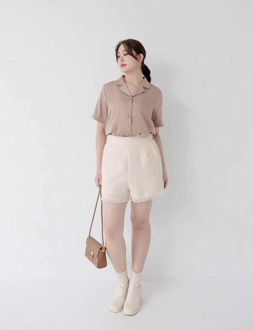 MISS. Glossy Satin Cuban Collar Plus Size Shirt With Floral Buttons