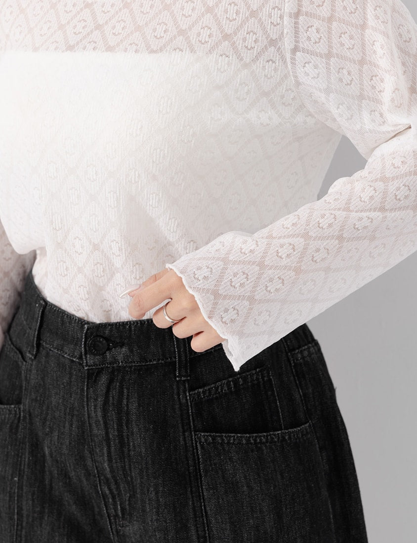 Double-Collar Diamond Lace with Lettuce Edge Plus Size Sheer Top