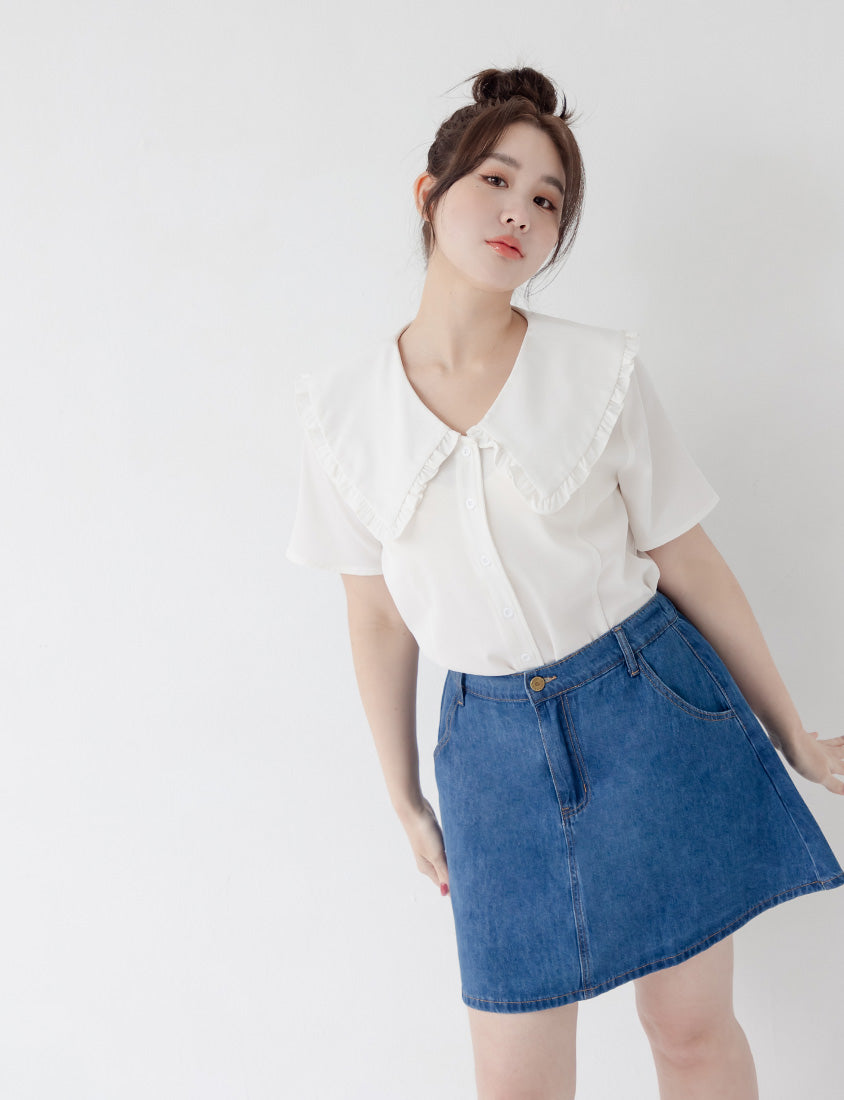 Playful Large Ruffle Collar Plus Size Short Sleeve Top