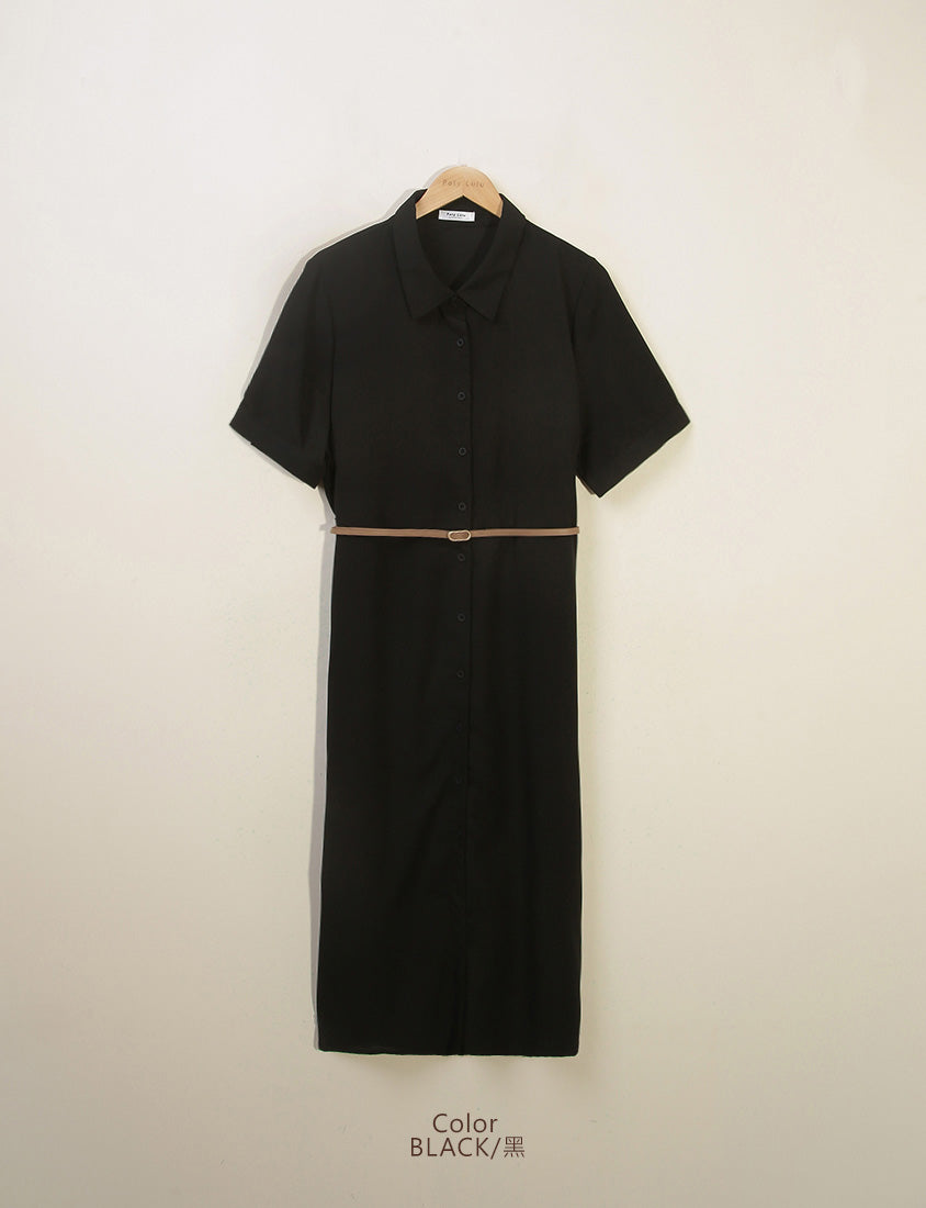 MISS. Button Twill Collar Plus Size Short Sleeve Dress (with Belt)