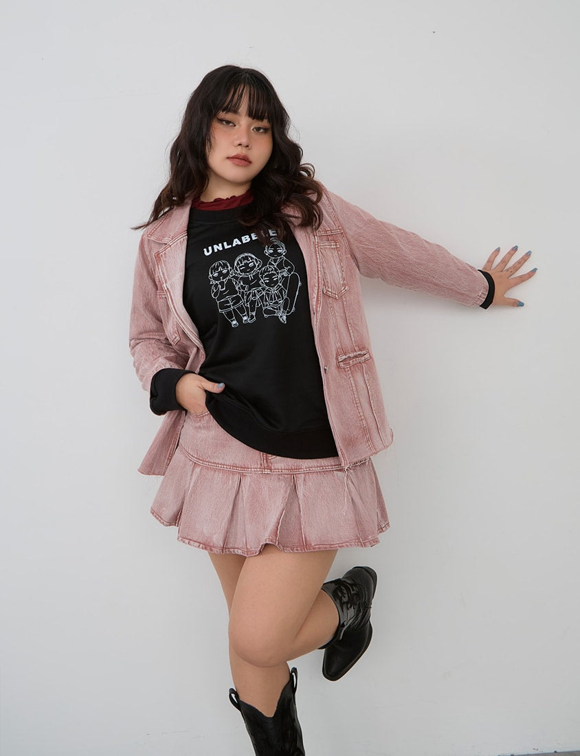 Vintage Washed Pleated Plus Size Denim Skort (With Pants)