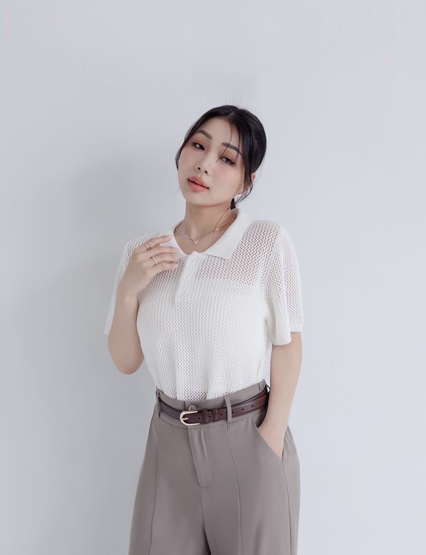 MISS. Polo Collar Knitted Hollow Plus Size Top