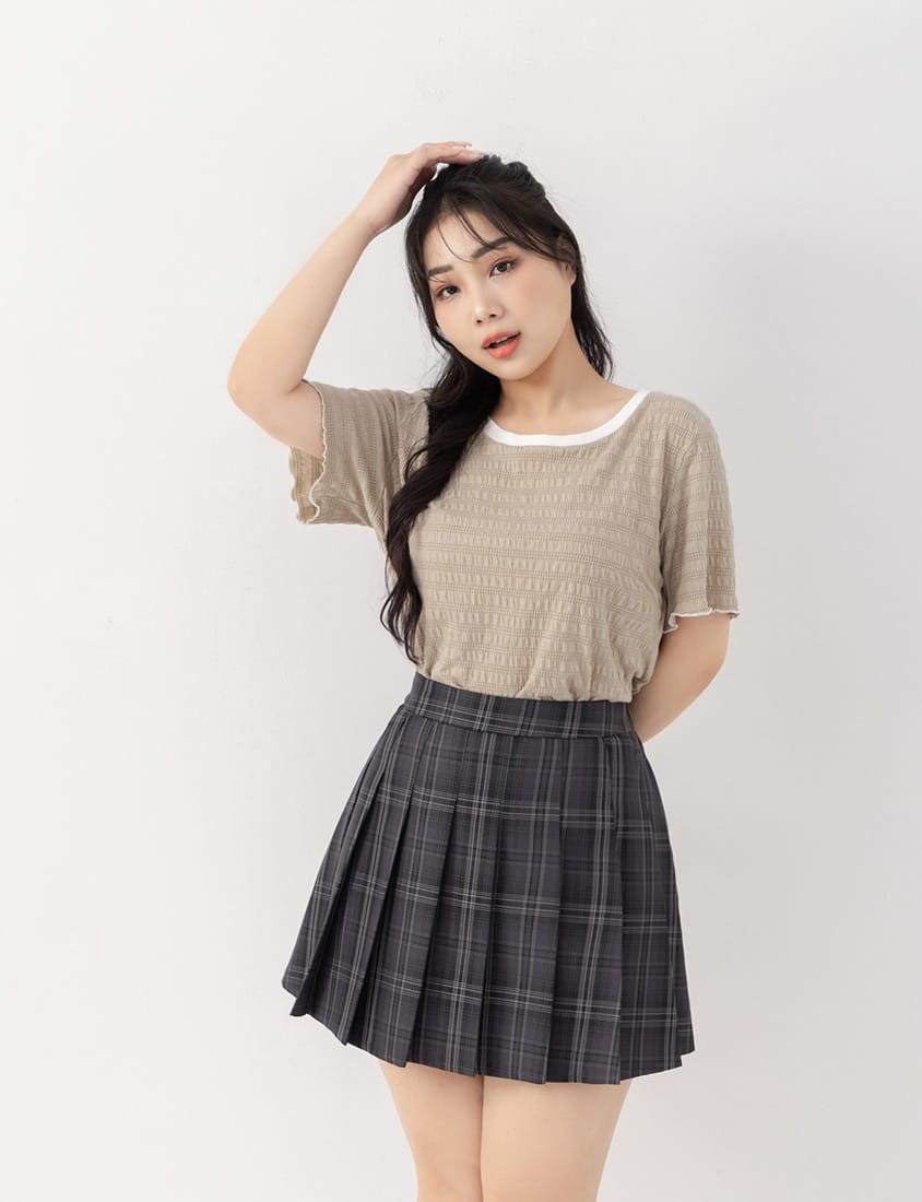Multicolor Crew Neck Color-Block Crinkled Plus Size Short Sleeve Top