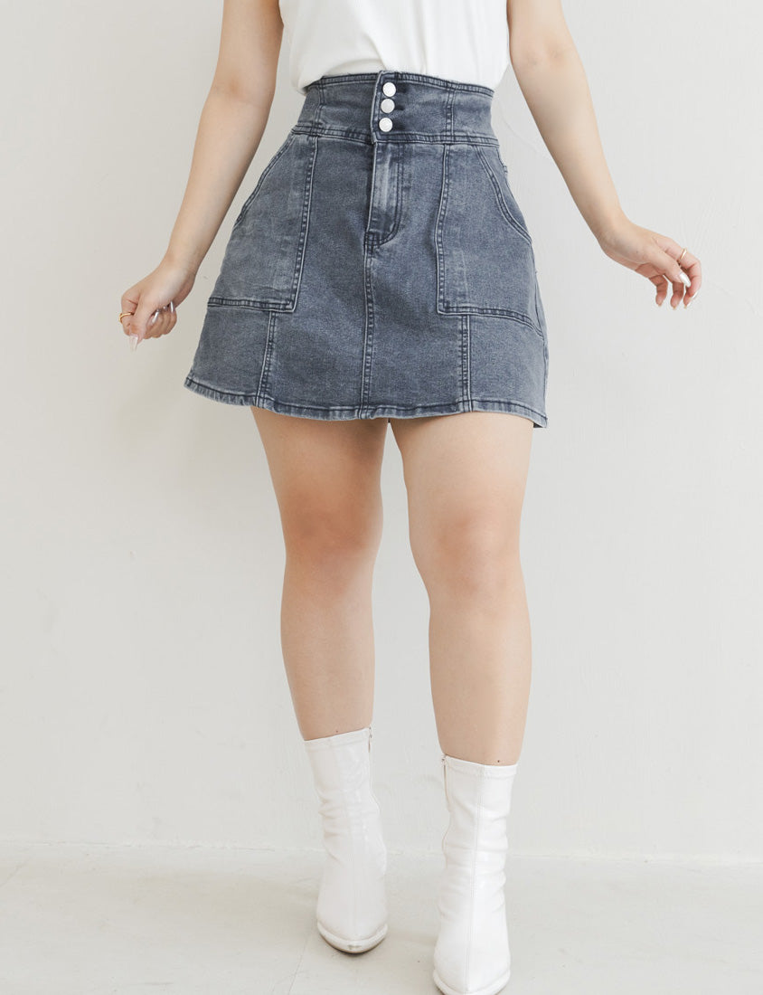 MUA! Ultra Stretch High Waist Washed Denim Plus Size Mini Skirt (With Pants)