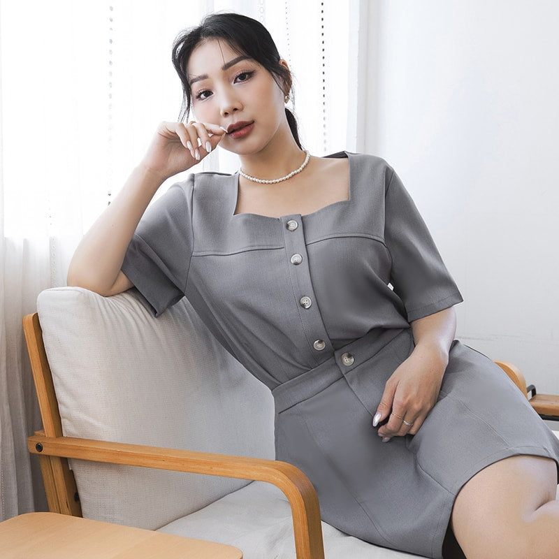 MISS. Korean Style Square Neck Twill Faux Button Top