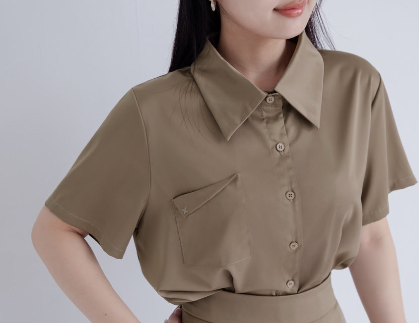 MISS. Elegant Pleat-Back Satin Plus Size Pocket Shirt