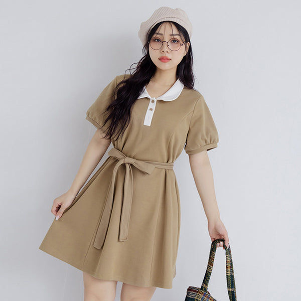 Color-Block Polo Collar Plus Size Mini Dress (With Belt)