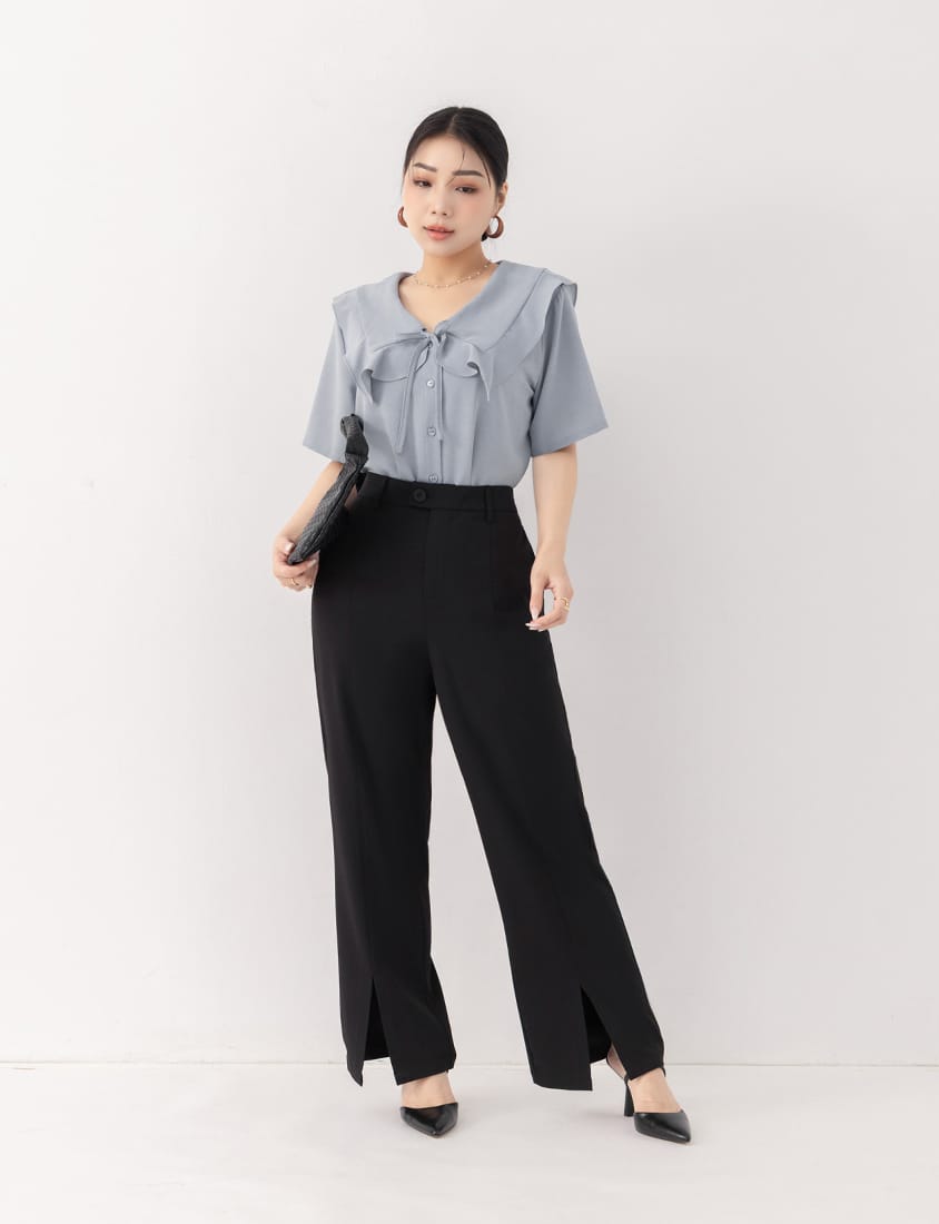 MISS. Heart Buttons Front Tie Ruffle Collar Plus Size Blouse