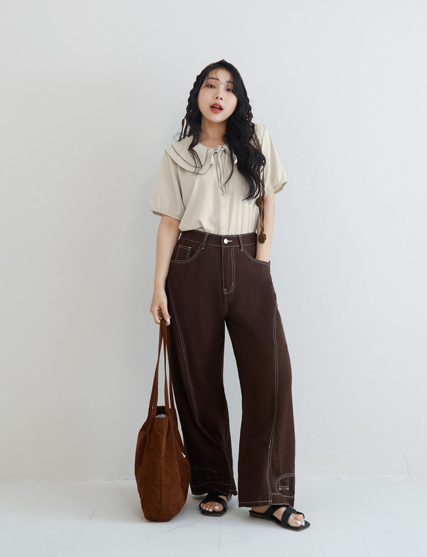 Double Layer Collar Tie Puff Sleeve Plus Size Blouse