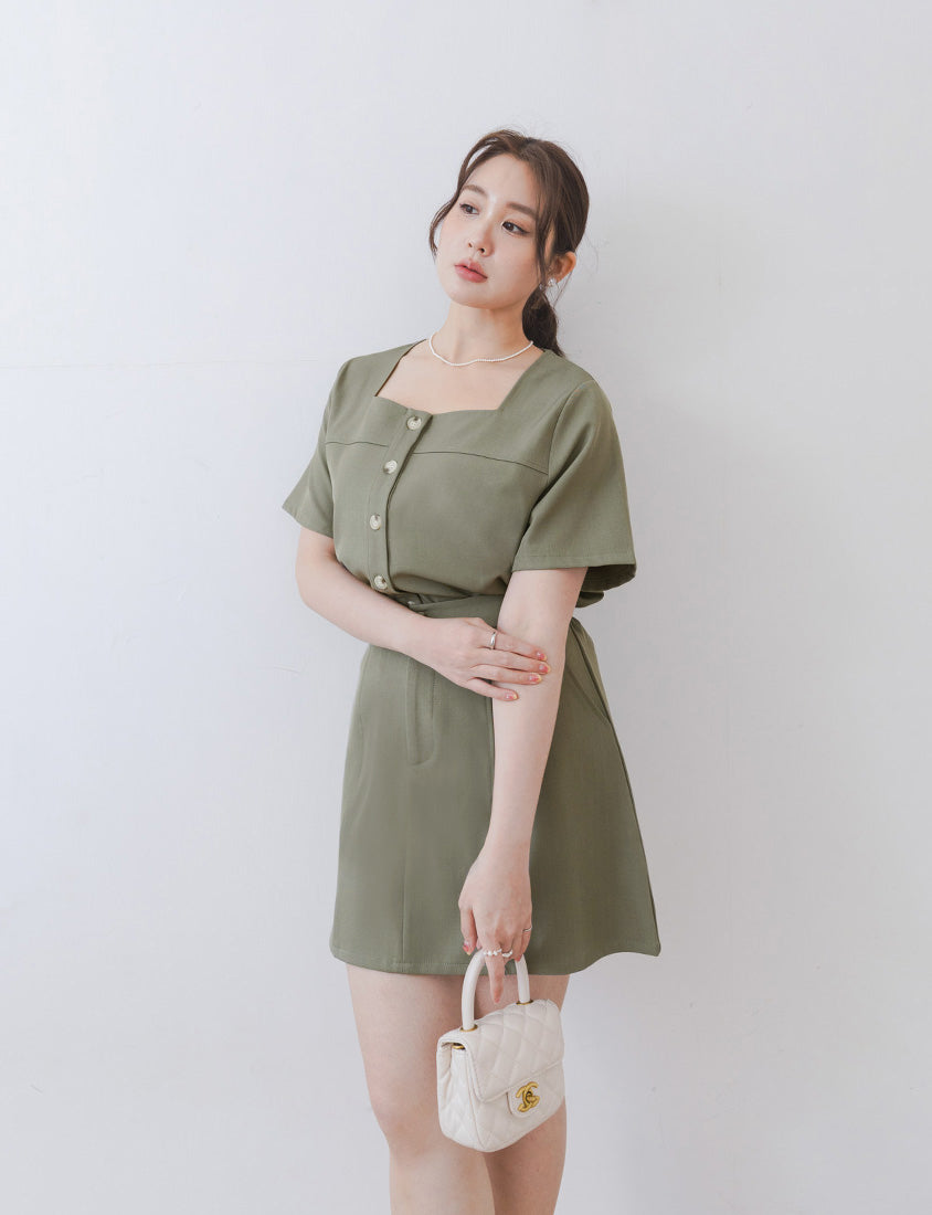 MISS. Korean Style Square Neck Twill Faux Button Top