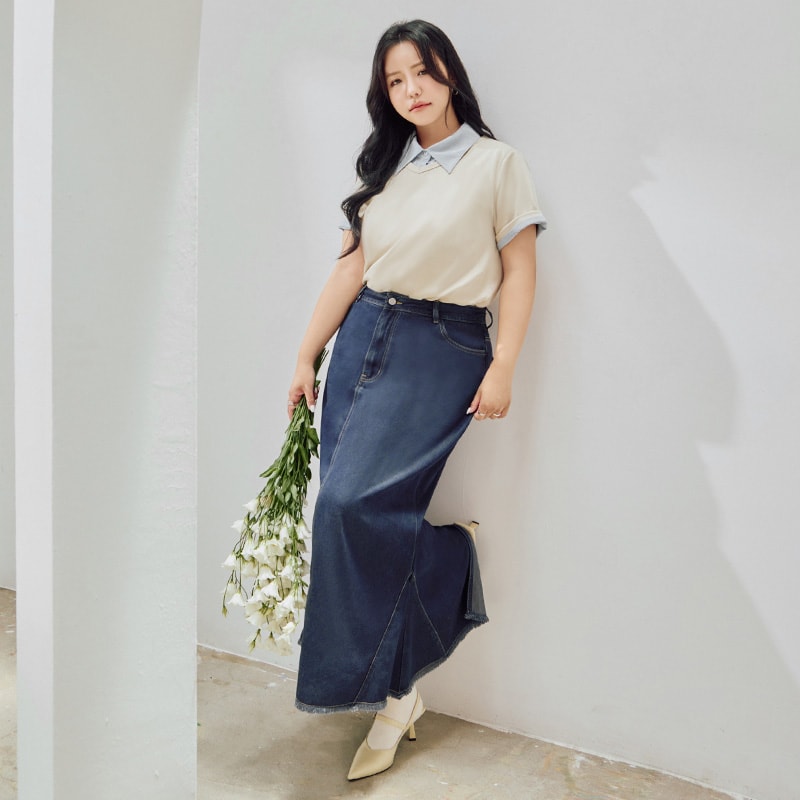 MORE U Cooling Silky Denim Slit Plus Size Mermaid Skirt