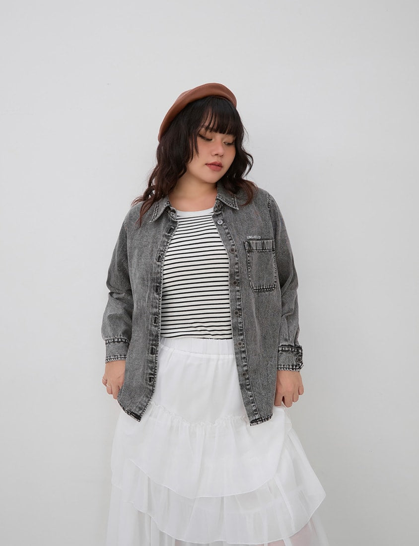 Washed Graphic Oversized Denim Plus Size Long Sleeve Shirt (Unisex)