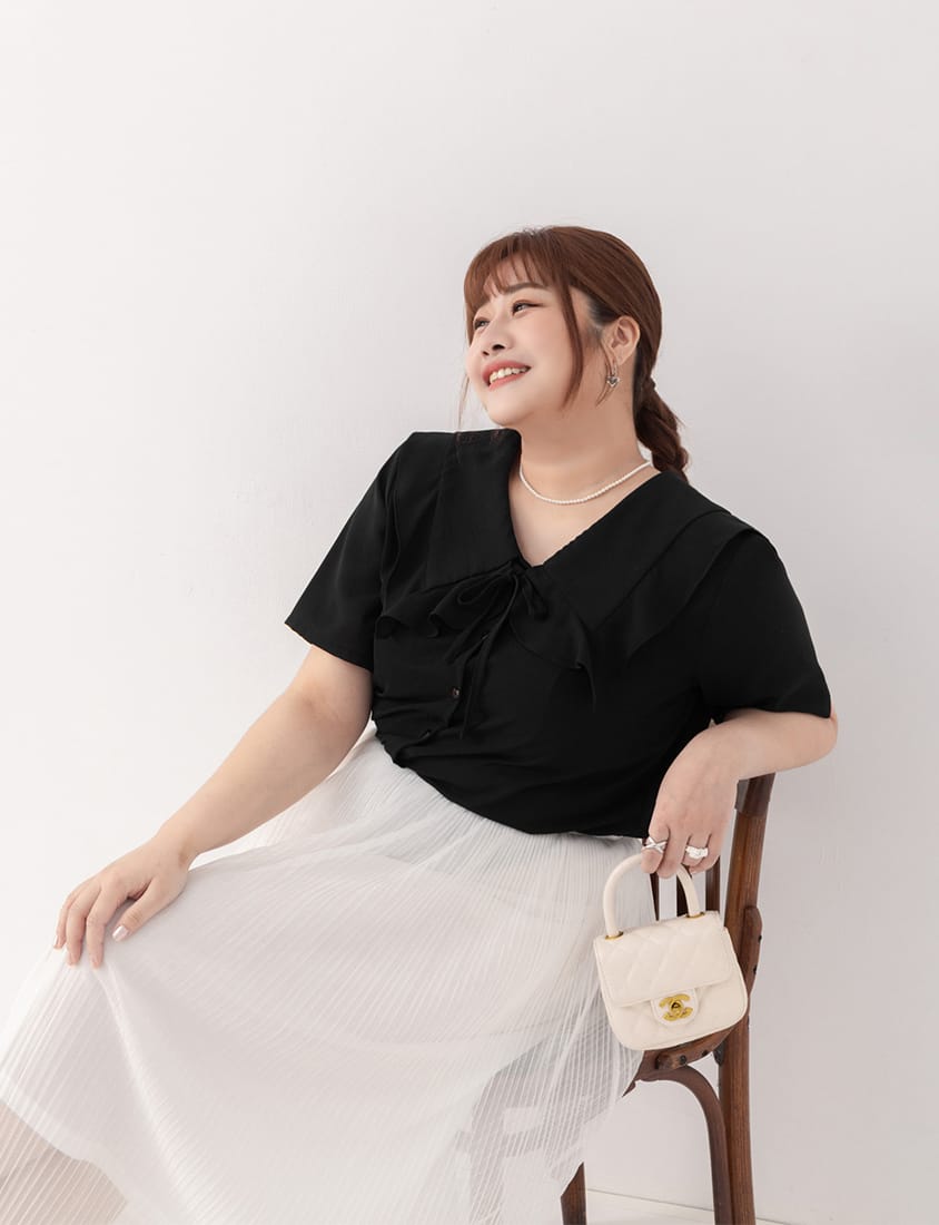 MISS. Heart Buttons Front Tie Ruffle Collar Plus Size Blouse
