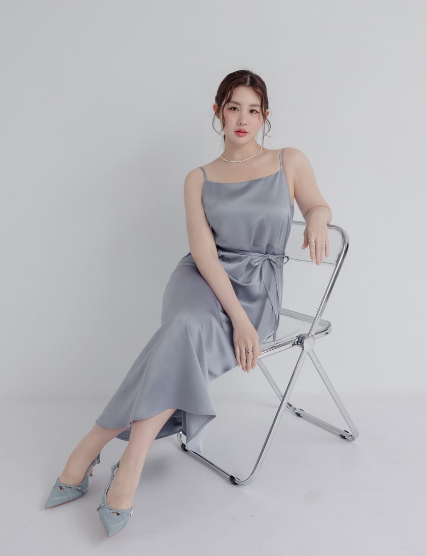 MISS. Satin A-Line Adjustable Strap Plus Size Cami Dress (with Waist Tie)