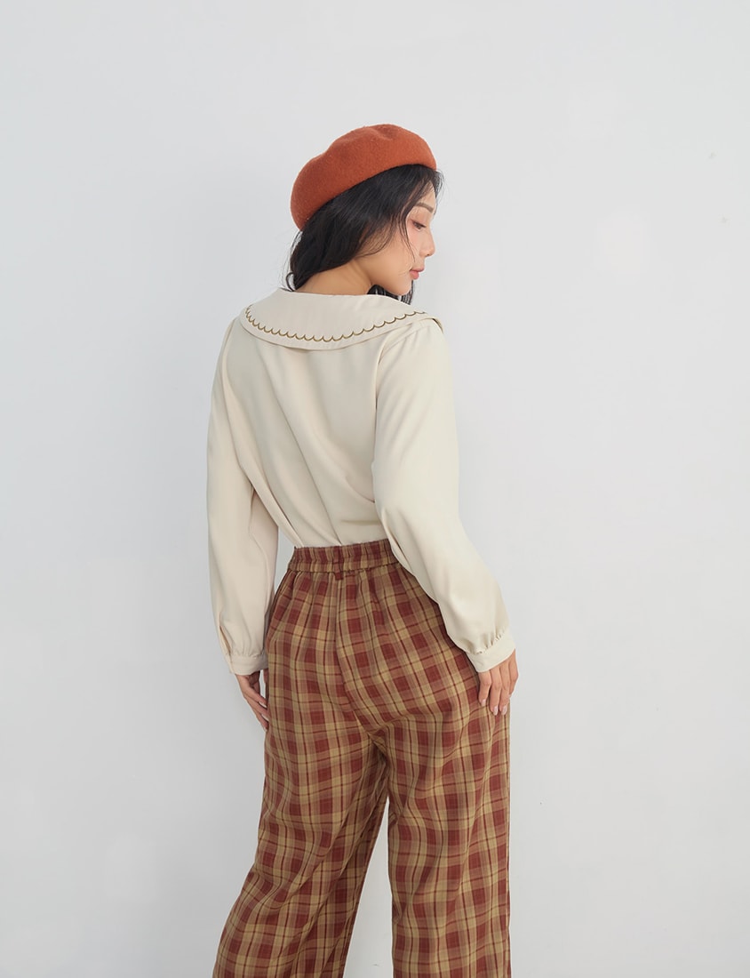 Contrast Embroidered Oversized Collar Plus Size Long Sleeve Shirt