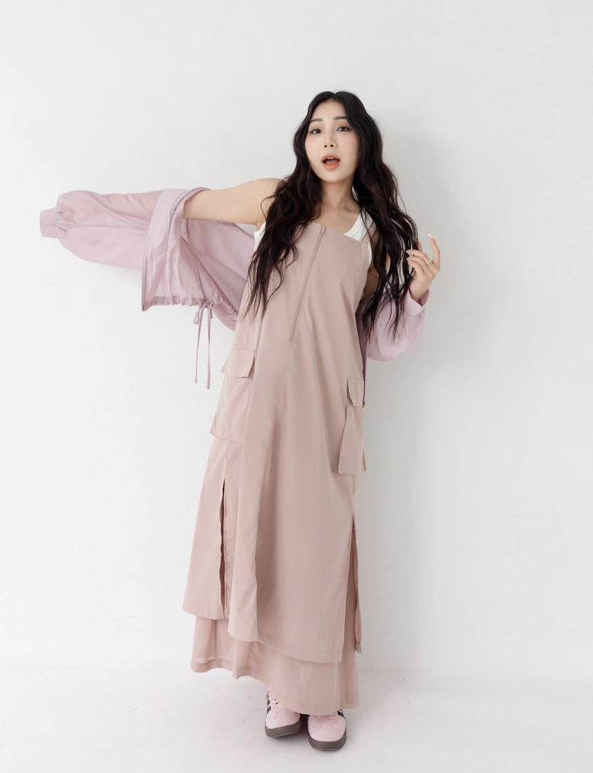 Multi-Layered Cargo Adjustable Strap Plus Size Maxi Dress
