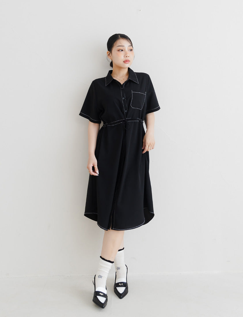 MISS. Contrast Stitch Drawstring Long Plus Size Shirt